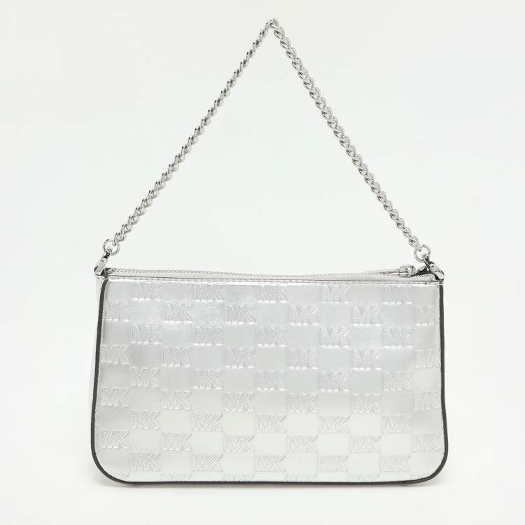 Pre Owned Michael Kors Silver Logo Embossed Leather Jet Set Medium Crossbody Bag