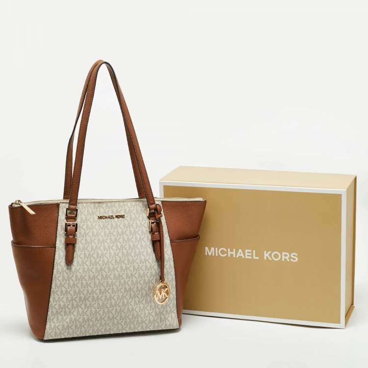 Pre Owned Michael Kors Brown/White Signature Coated Canvas and Leather Charlotte Top Zip Tote