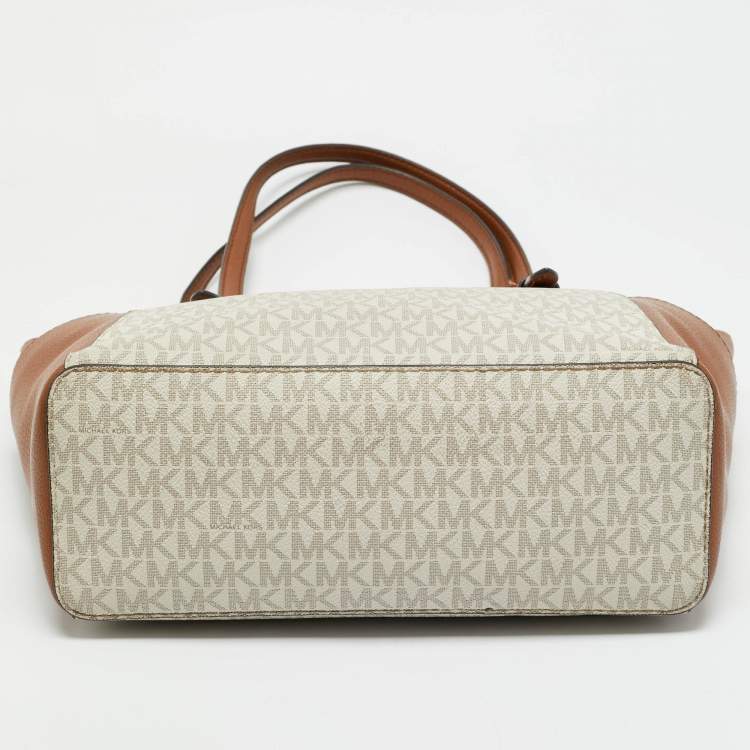 Pre Owned Michael Kors Brown/White Signature Coated Canvas and Leather Charlotte Top Zip Tote