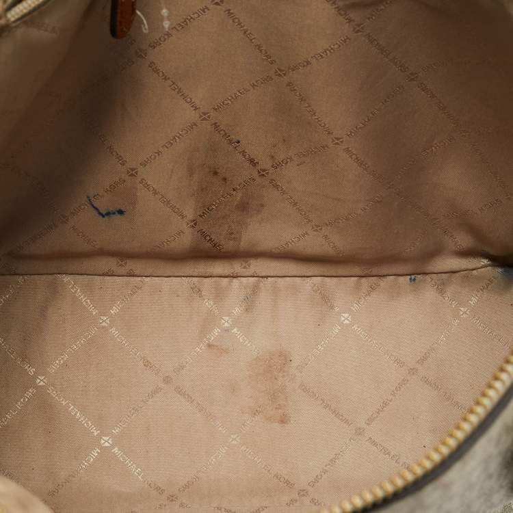 Pre Owned Michael Kors Brown/White Signature Coated Canvas and Leather Charlotte Top Zip Tote