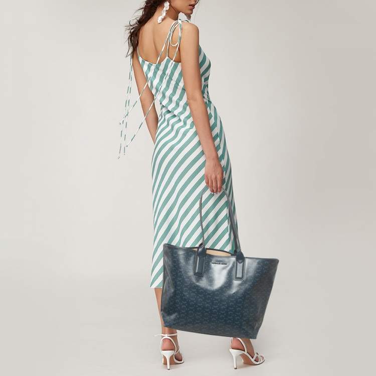 Pre Owned Michael Kors Navy Blue Signature Coated Canvas and Leather Large Jodie Tote