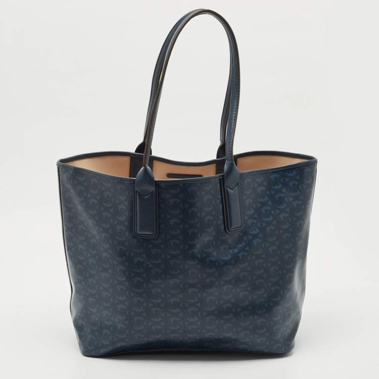 Pre Owned Michael Kors Navy Blue Signature Coated Canvas and Leather Large Jodie Tote