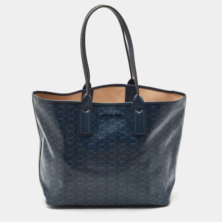 Pre Owned Michael Kors Navy Blue Signature Coated Canvas and Leather Large Jodie Tote