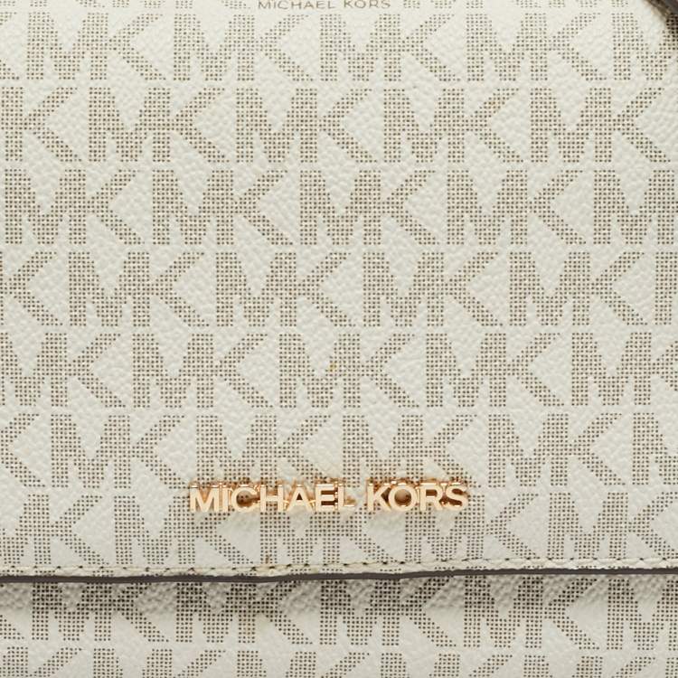 Pre Owned Michael Kors White/Brown Signature Coated Canvas and Leather Jet Set Phone Crossbody Bag