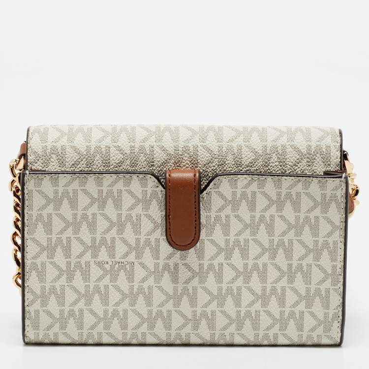 Pre Owned Michael Kors White/Brown Signature Coated Canvas and Leather Jet Set Phone Crossbody Bag