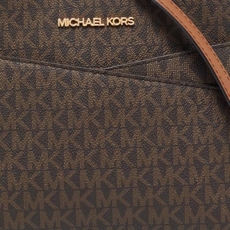 Pre Owned Michael Kors Brown Signature Coated Canvas and Leather Jet Set Travel Crossbody Bag