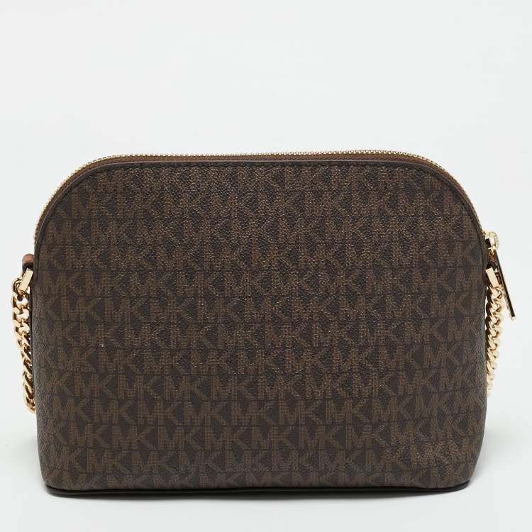 Pre Owned Michael Kors Brown Signature Coated Canvas and Leather Jet Set Travel Crossbody Bag