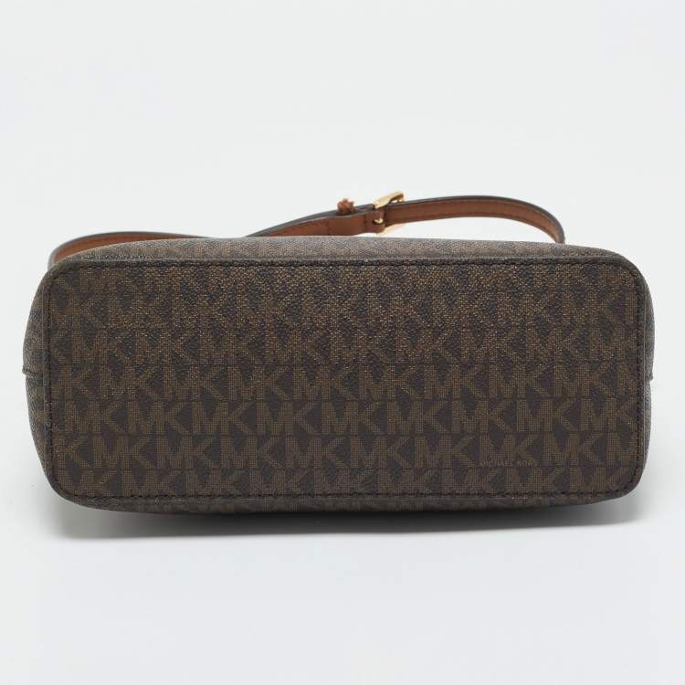 Pre Owned Michael Kors Brown Signature Coated Canvas and Leather Jet Set Travel Crossbody Bag