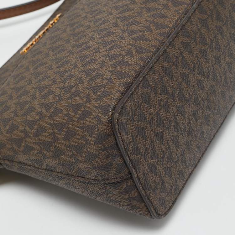 Pre Owned Michael Kors Brown Signature Coated Canvas and Leather Jet Set Travel Crossbody Bag