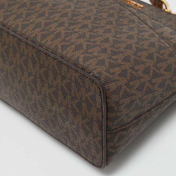 Pre Owned Michael Kors Brown Signature Coated Canvas and Leather Jet Set Travel Crossbody Bag
