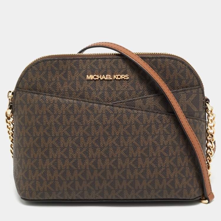 Pre Owned Michael Kors Brown Signature Coated Canvas and Leather Jet Set Travel Crossbody Bag