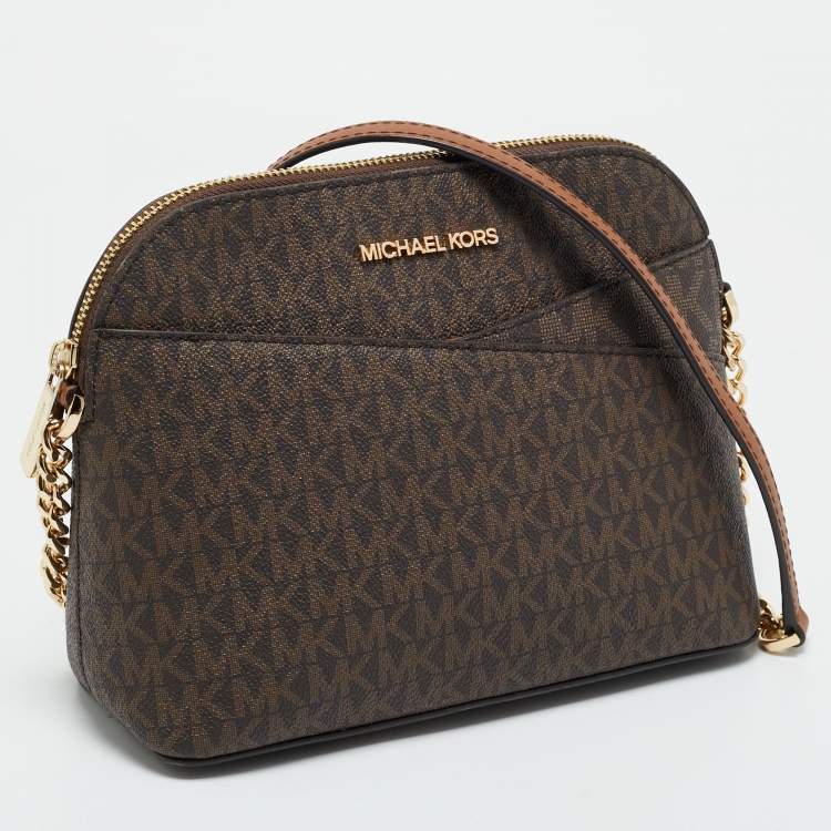 Pre Owned Michael Kors Brown Signature Coated Canvas and Leather Jet Set Travel Crossbody Bag
