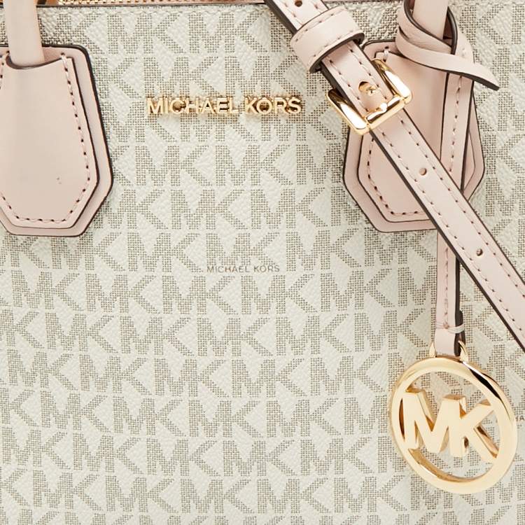 Pre Owned Michael Kors Ivory/Pink Signature Coated Canvas and Leather Mini Mercer Tote