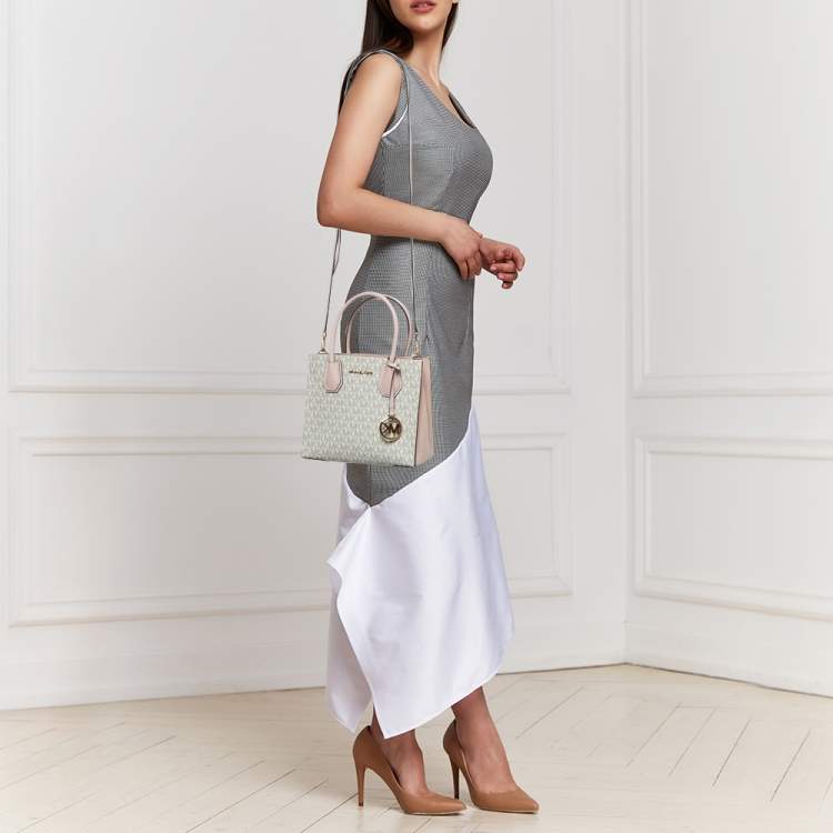 Pre Owned Michael Kors Ivory/Pink Signature Coated Canvas and Leather Mini Mercer Tote
