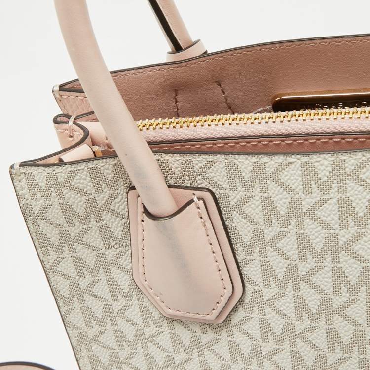 Pre Owned Michael Kors Ivory/Pink Signature Coated Canvas and Leather Mini Mercer Tote