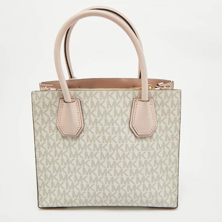 Pre Owned Michael Kors Ivory/Pink Signature Coated Canvas and Leather Mini Mercer Tote
