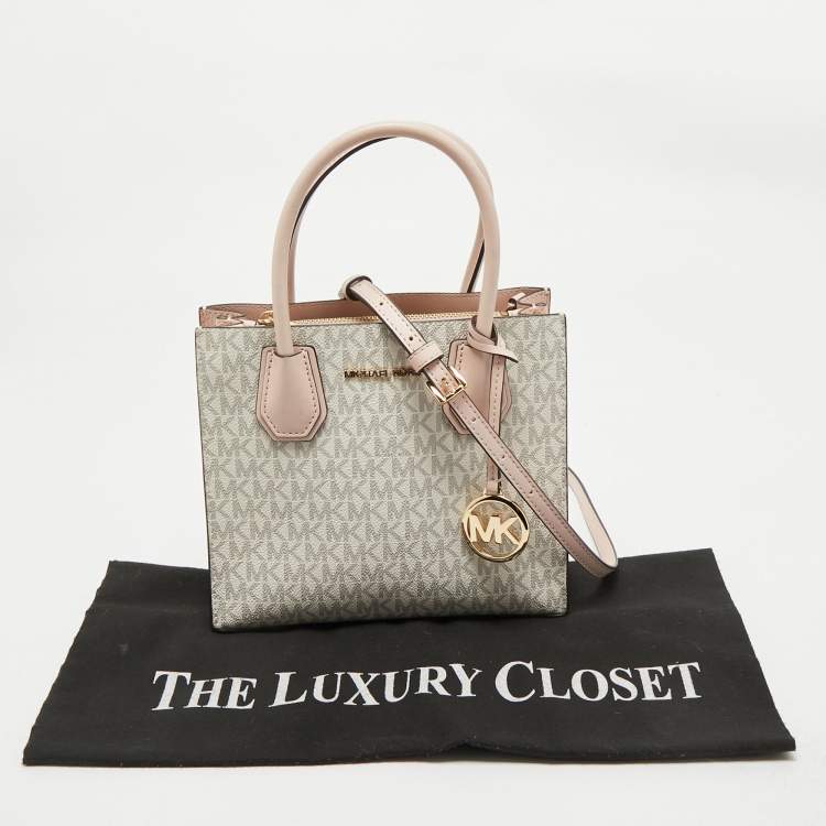 Pre Owned Michael Kors Ivory/Pink Signature Coated Canvas and Leather Mini Mercer Tote