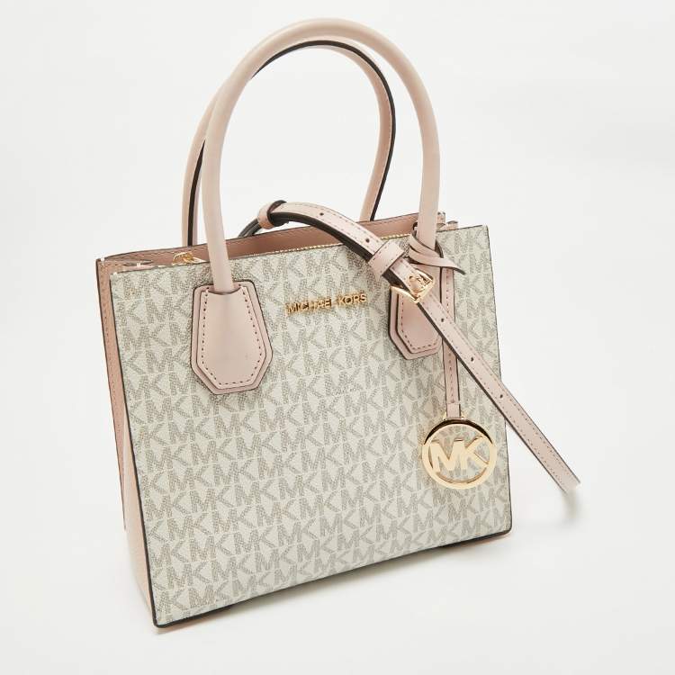 Pre Owned Michael Kors Ivory/Pink Signature Coated Canvas and Leather Mini Mercer Tote