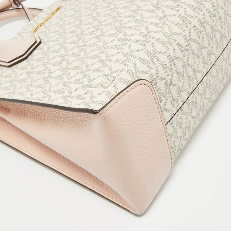 Pre Owned Michael Kors Ivory/Pink Signature Coated Canvas and Leather Mini Mercer Tote