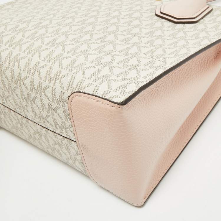 Pre Owned Michael Kors Ivory/Pink Signature Coated Canvas and Leather Mini Mercer Tote