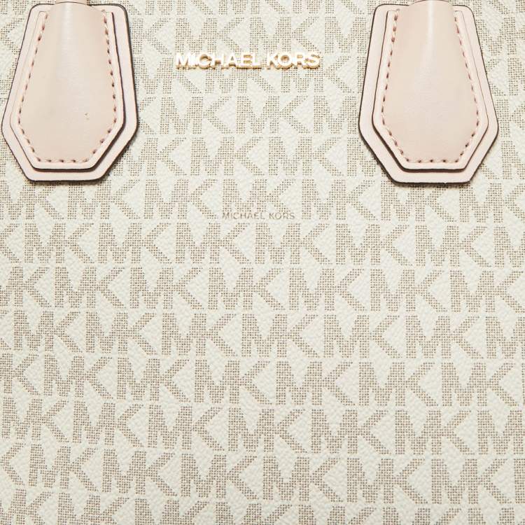 Pre Owned Michael Kors Ivory/Pink Signature Coated Canvas and Leather Mini Mercer Tote