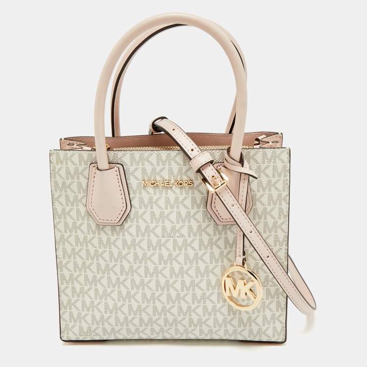 Pre Owned Michael Kors Ivory/Pink Signature Coated Canvas and Leather Mini Mercer Tote