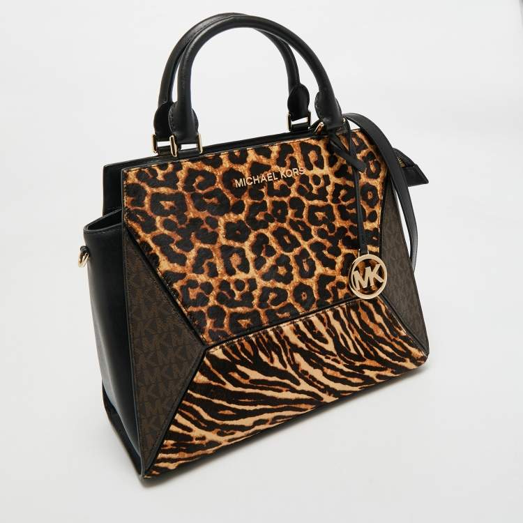 Pre Owned Michael Kors Black/Brown Leopard Print Calf Hair and Leather Large Prism Satchel