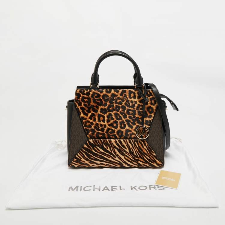Pre Owned Michael Kors Black/Brown Leopard Print Calf Hair and Leather Large Prism Satchel