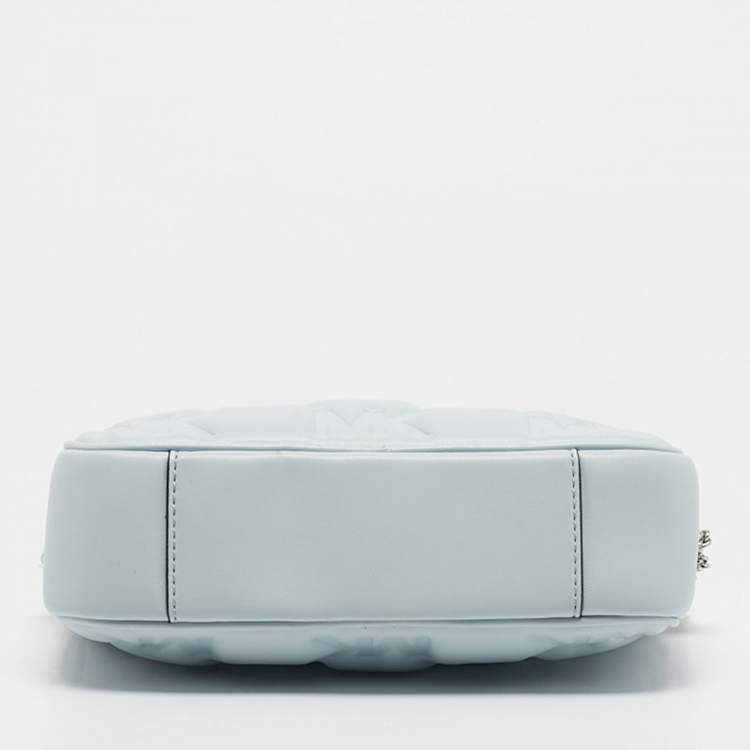 Pre Owned Michael Kors Soft Sky Blue Signature Embossed Faux Leather Medium Jet Set Camera Bag