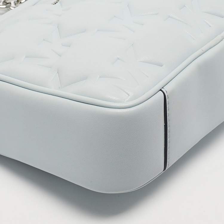 Pre Owned Michael Kors Soft Sky Blue Signature Embossed Faux Leather Medium Jet Set Camera Bag