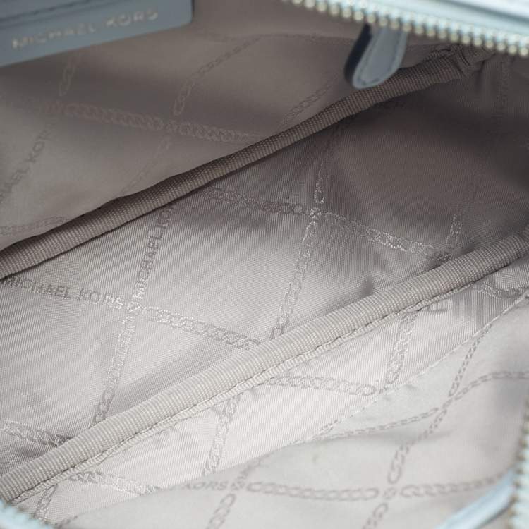 Pre Owned Michael Kors Soft Sky Blue Signature Embossed Faux Leather Medium Jet Set Camera Bag