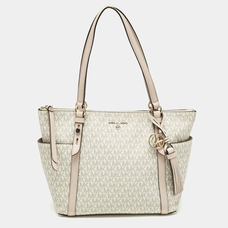 Pre Owned Michael Kors White/Pink Signature Coated Canvas Medium Sullivan Tote
