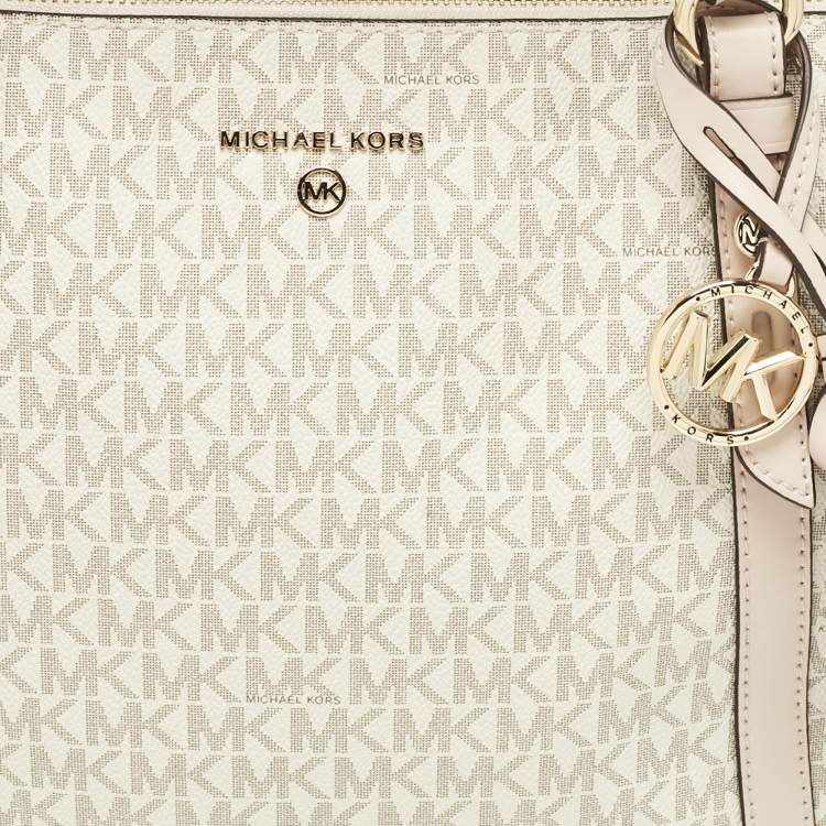Pre Owned Michael Kors White/Pink Signature Coated Canvas Medium Sullivan Tote