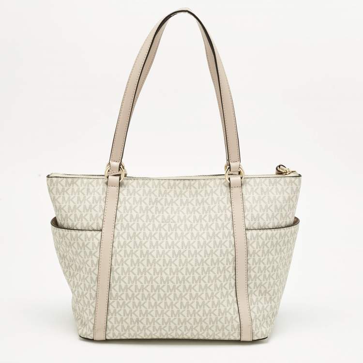 Pre Owned Michael Kors White/Pink Signature Coated Canvas Medium Sullivan Tote