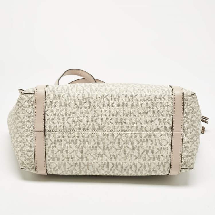Pre Owned Michael Kors White/Pink Signature Coated Canvas Medium Sullivan Tote