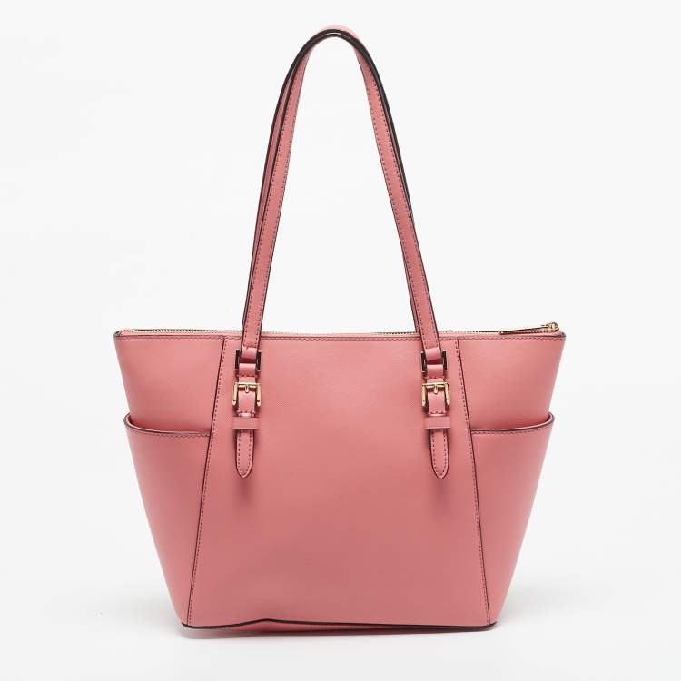 Pre Owned Michael Kors Pink Leather Charlotte Top Zip Tote