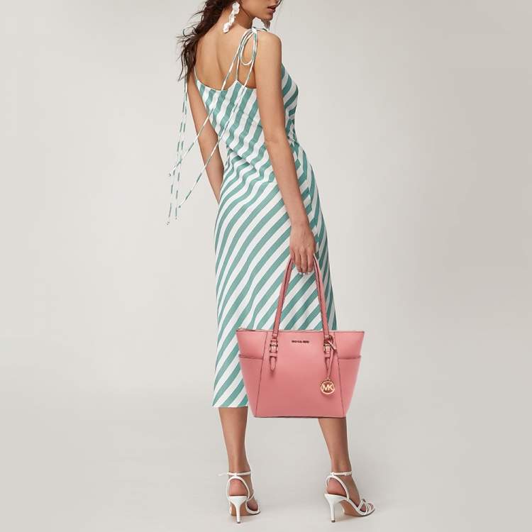 Pre Owned Michael Kors Pink Leather Charlotte Top Zip Tote