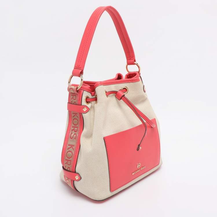 Pre Owned Michael Kors Beige/Pink Canvas and Leather Medium Maeve Bucket Bag
