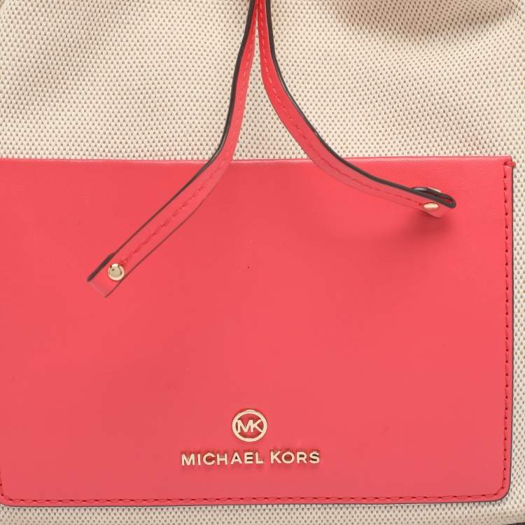 Pre Owned Michael Kors Beige/Pink Canvas and Leather Medium Maeve Bucket Bag