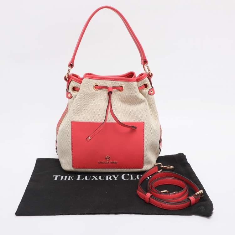 Pre Owned Michael Kors Beige/Pink Canvas and Leather Medium Maeve Bucket Bag