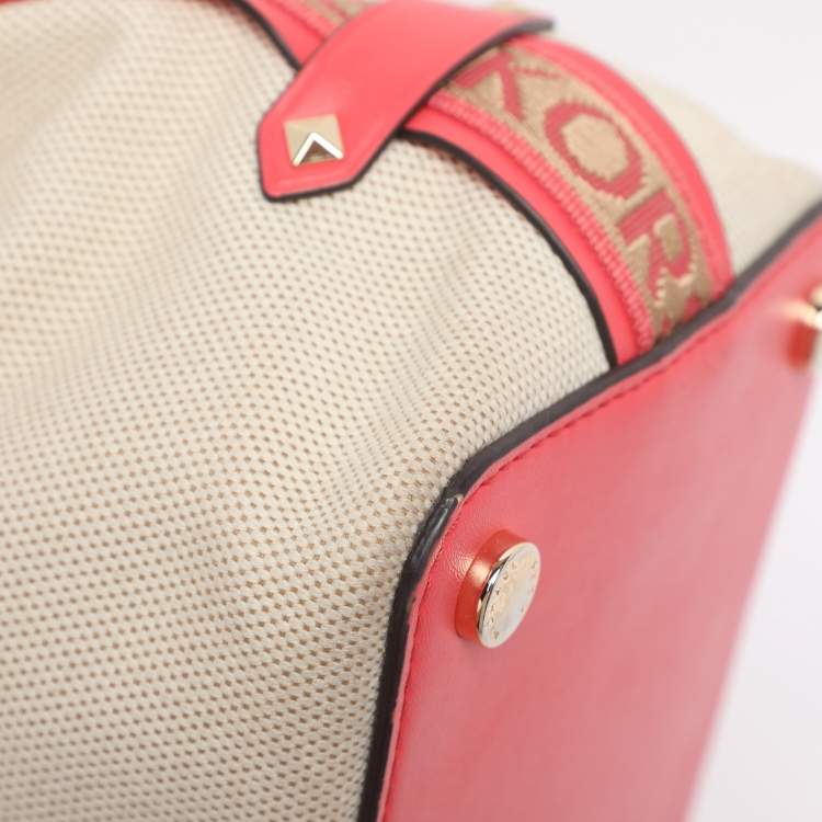 Pre Owned Michael Kors Beige/Pink Canvas and Leather Medium Maeve Bucket Bag