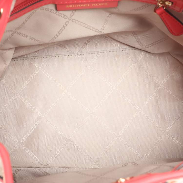 Pre Owned Michael Kors Beige/Pink Canvas and Leather Medium Maeve Bucket Bag