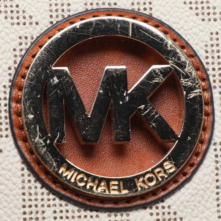 Pre Owned Michael Kors White/Brown Signature Coated Canvas and Leather Fulton Continental Wallet
