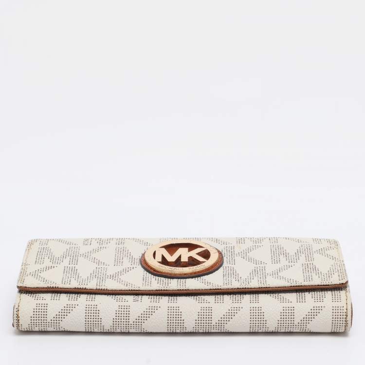 Pre Owned Michael Kors White/Brown Signature Coated Canvas and Leather Fulton Continental Wallet