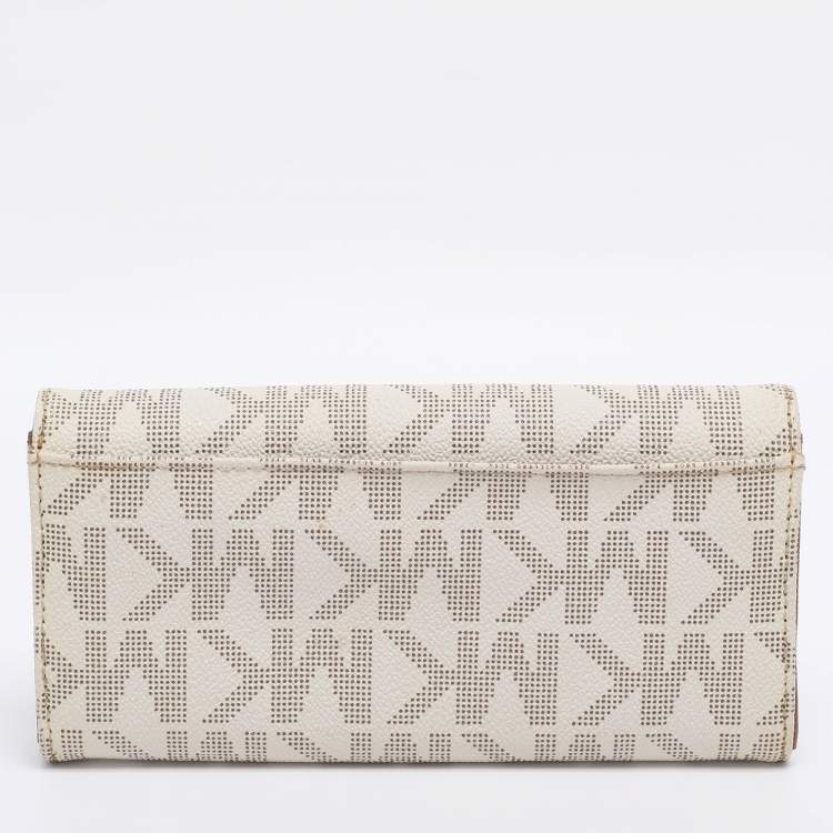 Pre Owned Michael Kors White/Brown Signature Coated Canvas and Leather Fulton Continental Wallet