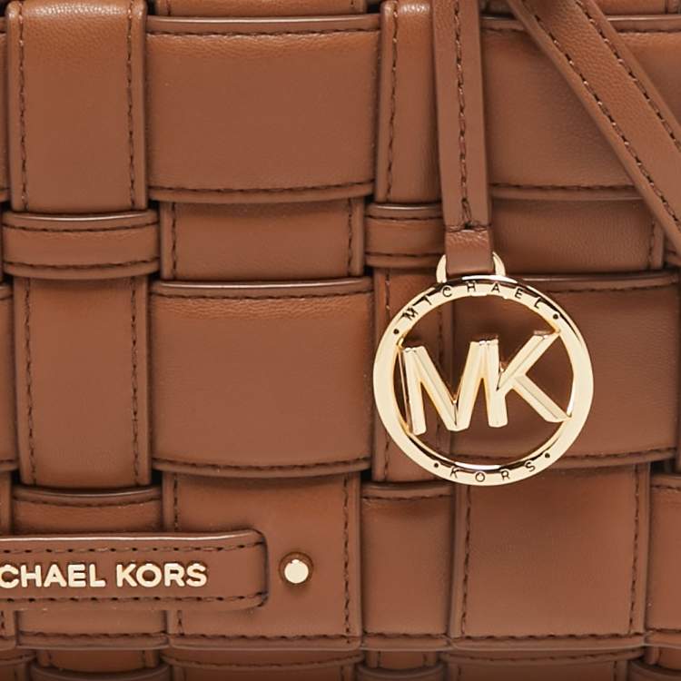 Pre Owned Michael Kors Brown Woven Faux Leather Large Ivy Crossbody Bag