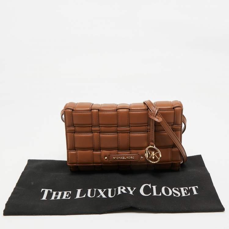 Pre Owned Michael Kors Brown Woven Faux Leather Large Ivy Crossbody Bag