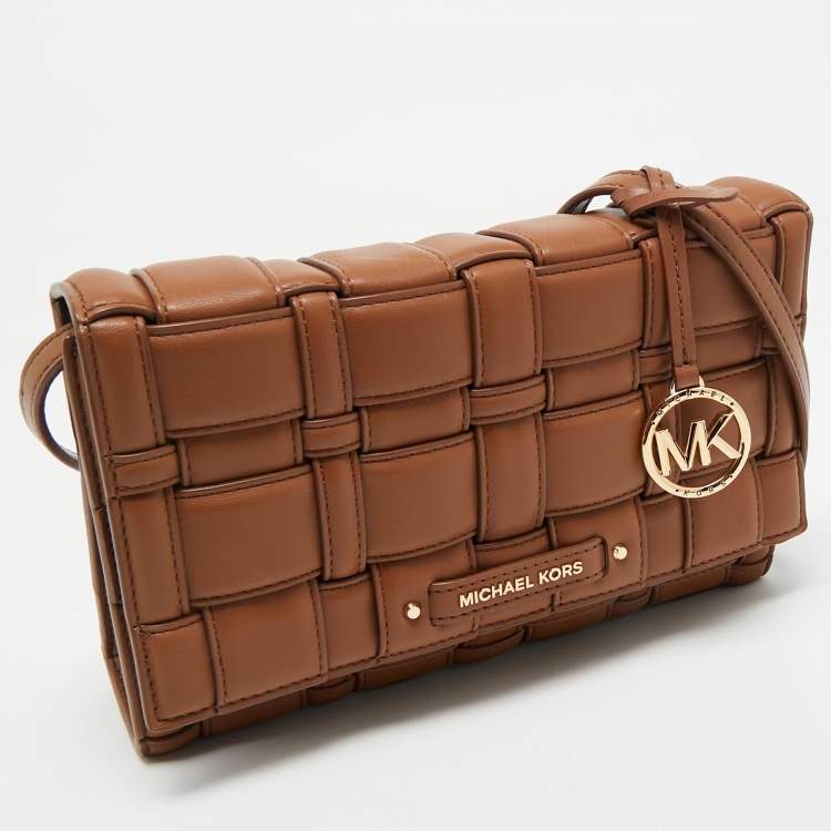 Pre Owned Michael Kors Brown Woven Faux Leather Large Ivy Crossbody Bag