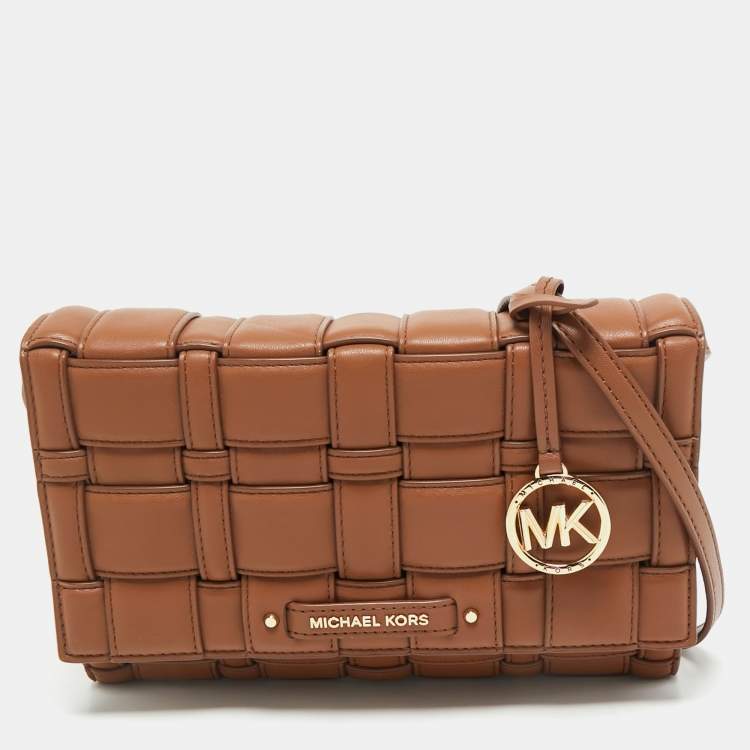 Pre Owned Michael Kors Brown Woven Faux Leather Large Ivy Crossbody Bag