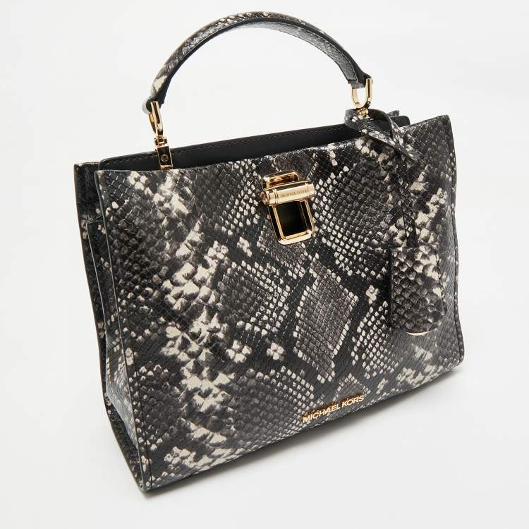 Pre Owned Michael Kors Black/White Snakeskin Embossed Leather Penelope Top Handle Bag